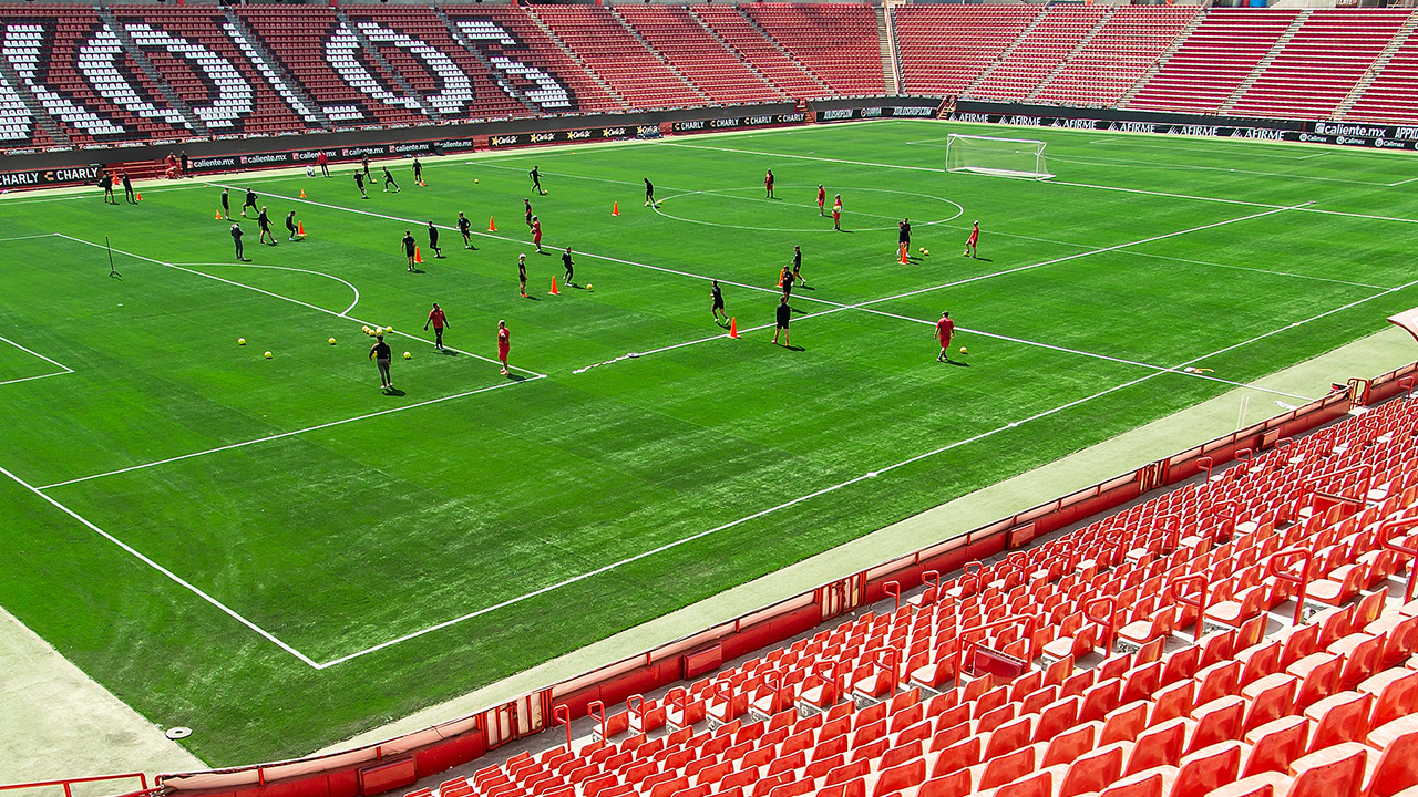 El estadio Caliente luce nuevo césped sintético de última generación.